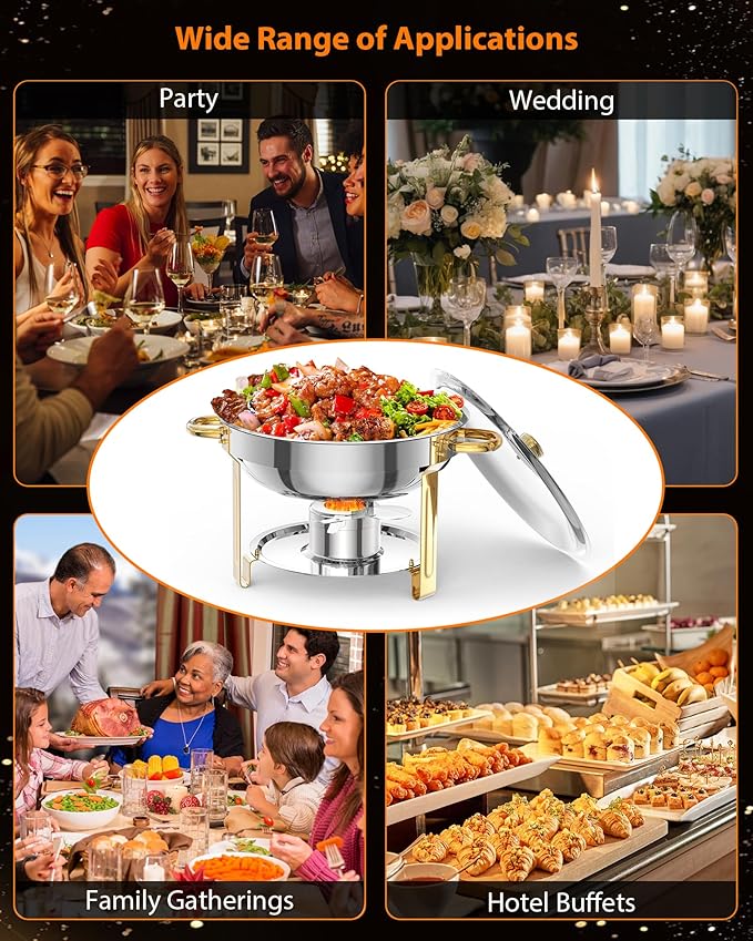 Chafing Dish for Buffet 2 Pack, 5 QT Round Chafing Dishes Buffet Set w/Lid Holder, Stainless Steel Chafers and Food Warmers with Spoon and Tweezers for Parties, Weddings, Events, Banquet, Gold