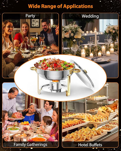 Chafing Dish for Buffet 2 Pack, 5 QT Round Chafing Dishes Buffet Set w/Lid Holder, Stainless Steel Chafers and Food Warmers with Spoon and Tweezers for Parties, Weddings, Events, Banquet, Gold
