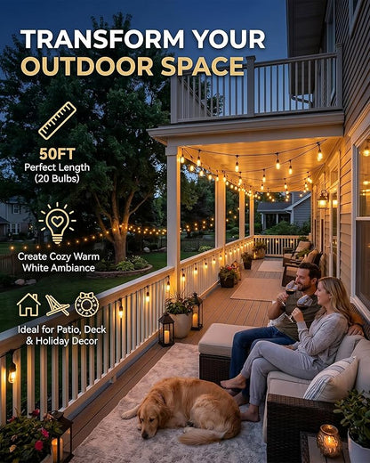 Smart RGB Outdoor String Lights, Color Changing Patio Lights with 21-Key RF Remote and Bluetooth App, IP65 Waterproof Music Sync LED Hanging Lights for Backyard Party Holiday Decor, 50FT (20 Bulbs)