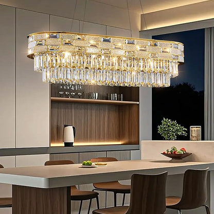 Large Oval K9 Crystal Chandelier - Luxury Modern 3 Tier Linear Crystals Chandeliers - 15 Lights Brushed Gold Pendant Light Fixture for Dining Room Kitchen Island Entryway Bar Living Room - L34.3 Inch