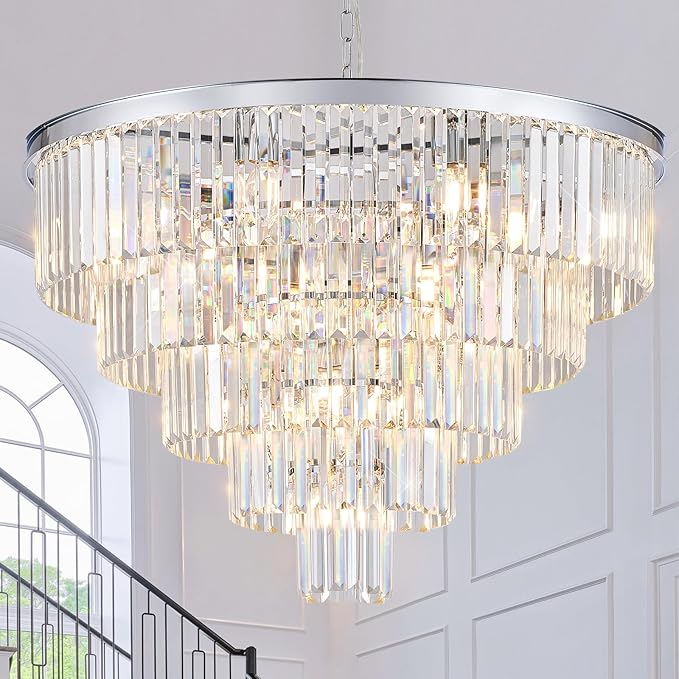 CATINER Large Crystal Chandeliers Modern Chrome 30” Chandelier for Foyer Staircase Luxury 5 Tiers 16 Lights K9 Ceiling Pendant Lighting Fixture for Living Room Dining Room Bedroom