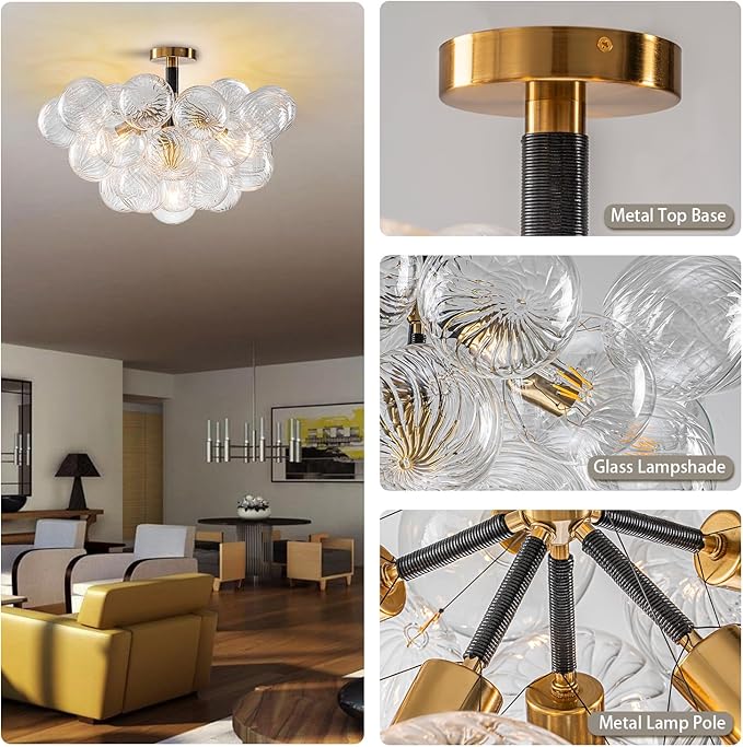 Bubble Ball Semi Flush Mount Ceiling Light Fixture, 24" Bubble Chandelier, Modern Hand Blown Glass Chandelier for Bedroom, Living Room, Dining Room (24” Black Ceiling Light)