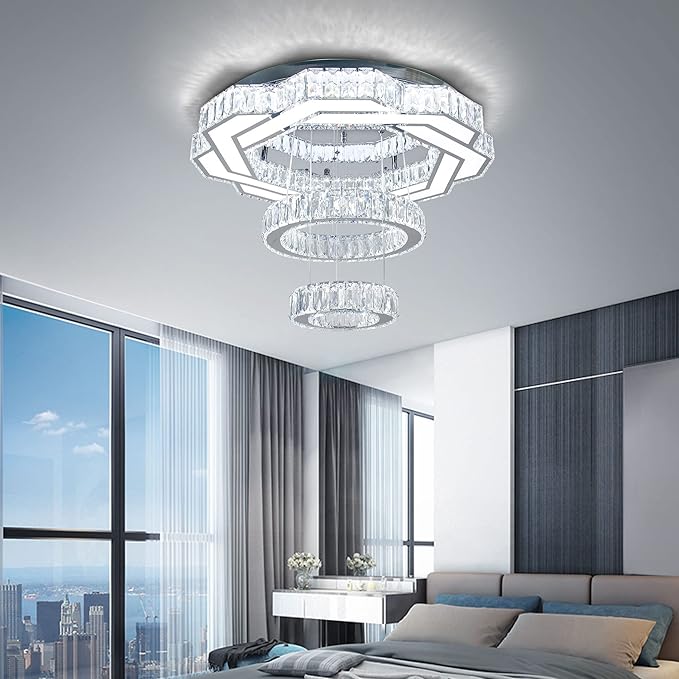 22.5" Crystal Chandeliers Living Room Modern Chandelier Crystal Ceiling Light LED 2 Rings Pendant Light Flush Mount Chandelier for Bedroom Dining Room Entryway (Cool White)