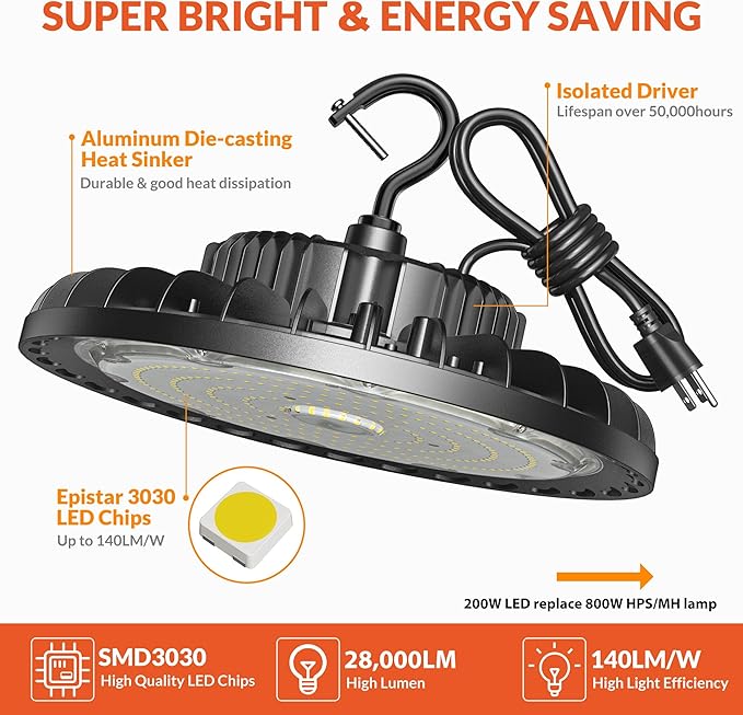 200W LED High Bay Light, 28000LM 110-277V 5000K Shop Garage Light with US Plug 5' Cable IP65 Waterproof UFO Commercial Lighting for Warehouse Barn Garage Workshop Factory Gym, 2 Pack
