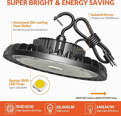 200W LED High Bay Light, 28000LM 110-277V 5000K Shop Garage Light with US Plug 5' Cable IP65 Waterproof UFO Commercial Lighting for Warehouse Barn Garage Workshop Factory Gym, 2 Pack