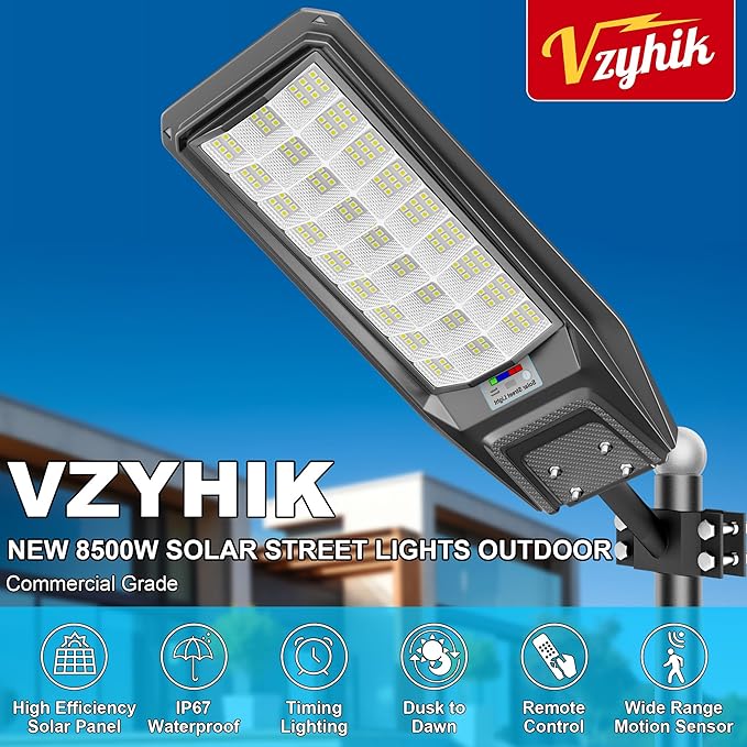 9500W Solar Street Light Outdoor Waterproof, 250000LM Large Commercial Light Solar Powered Dusk to Dawn LED Security Flood Lights with Remote/Motion Sensor, IP67 for Parking Lot/Garden/Yard