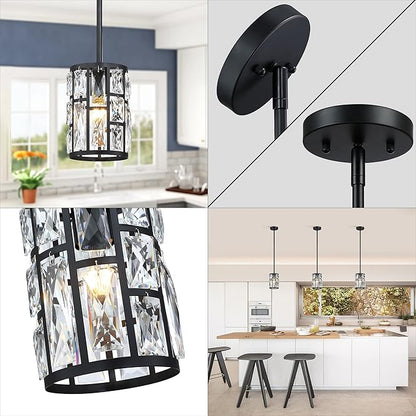 MEXO Modern Crystal Pendant Light Fixture 3-Pack Matte Black Finish Hanging Lighting Crystal Chandelier for Living Room, Kitchen, Hallway