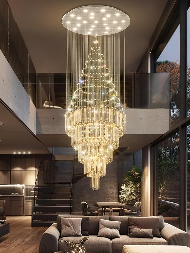 Flashing God D40''x H110'' Modern Crystal Chandelier LED Dimmable Large Raindrop Chandeliers High Ceiling Light for Foyer Stairwell Entryway Living Room Silver