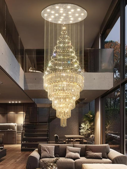 Flashing God D40''x H110'' Modern Crystal Chandelier LED Dimmable Large Raindrop Chandeliers High Ceiling Light for Foyer Stairwell Entryway Living Room Silver