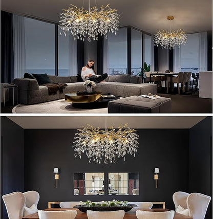 Tree Branches Chandeliers Luxury Round Crystal Pendant Light 8 Light Ceiling Hanging Light for Dining Room Bedroom Living Room Entryway Gold 23.7"