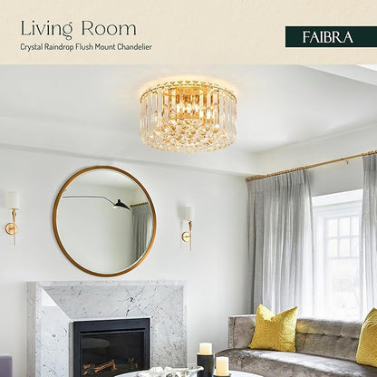 12.6" Gold K9 Crystal Raindrop Flush Mount Ceiling Light, Modern Chandelier, Round Luxury Light Fixture for Dining Room, Bedroom, Hallway, Kitchen Island & Living Room