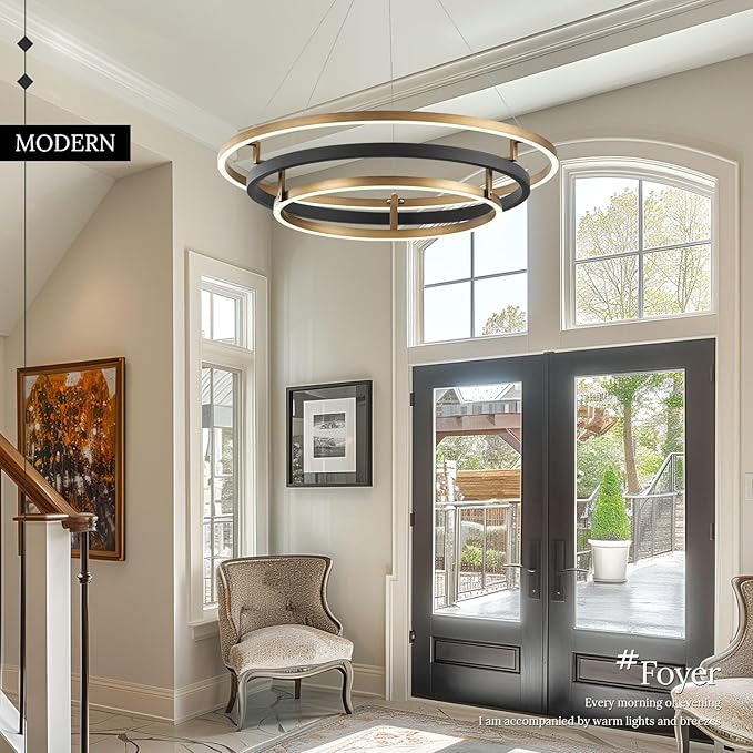 3 Ring LED Chandelier Black Gold Round Chandeliers Light Fixture 31in Dimmable Modern Circular Chandeliers Brass Gold Chandelier Light for Foyer Dining Room Bedroom Office Living Room Entryway