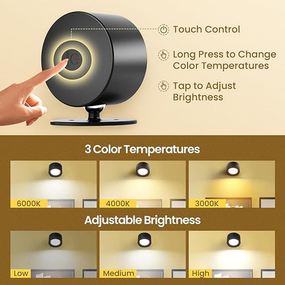 Wall Mounted Lamp LED Wall Lights with Rechargeable Battery Operated, 3 Color Temperatures & 3 Brightness Levels 360°Rotate Magnetic Ball, Cordless Sconces for Reading Bedroom Bedside,Black-1 Pack