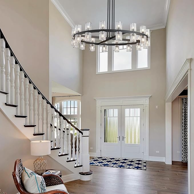 36" Black Wagon Wheel Crystal Chandelier for Dining Room Over Table, Modern Round K9 Crystal Ceiling Chandelier Pendant Light Ideal for Living Room Entryway Foyer
