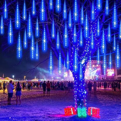 EAGWELL Christmas Lights Outdoor, 20 Inch 20 Tubes 1080 LED Blue Meteor Shower Lights, Cascading Snow Falling Icicle for Xmas Tree Yard Halloween Wedding Party Decor