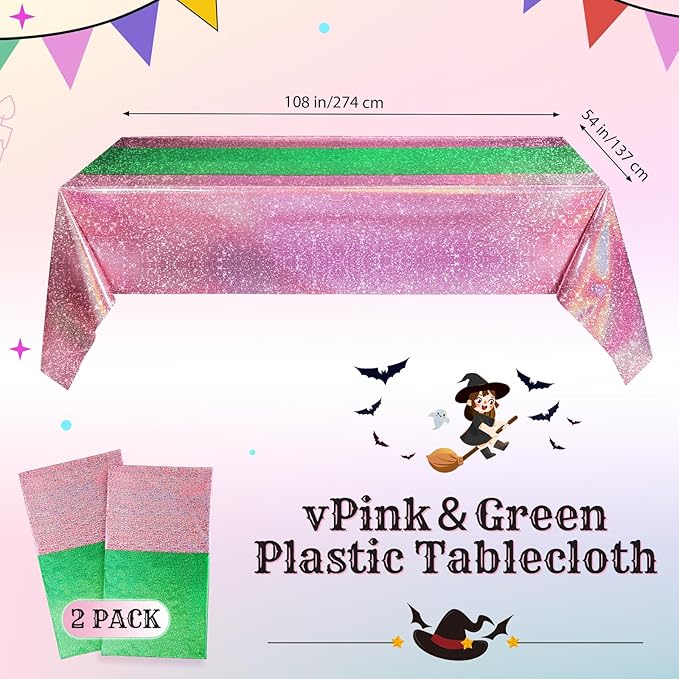 Oudain 2 Pcs Witch Princess Theme Party Pink & Green Holographic Party Tablecloth 54 x 108 Inch Plastic Rectangle Tablecloth Waterproof Table Cover for Witch Princess Theme Birthday Decoration