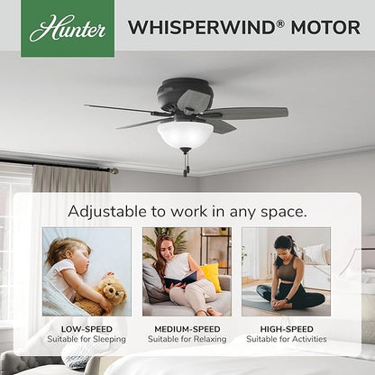 Hunter 42 inch Indoor Ceiling Fan with LED Light - Black Ceiling Fan with Pull Chain, For Bedroom or Living Room, Low Profile Flush Mount, No Remote, 5 Blades - Newsome 52394, Matte Black
