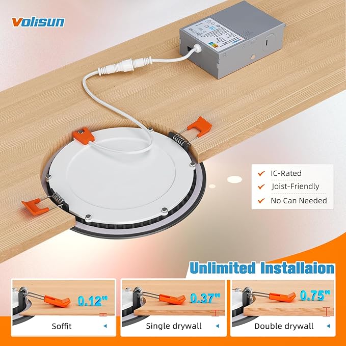 VOLISUN 24 Pack 6 inch Recessed Lighting, 5CCT LED Black Recessed Light, 2700K-5000K Selectable, Dimmable Canless Wafer Downlight,Can-Killer, LED Ceiling Light ETL Certificated