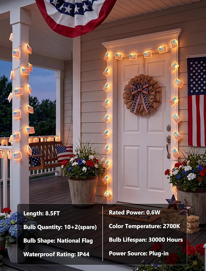 GOOTHY 4th of July Lights 8.5F American Flag String Lights, Patriotic Lights with 10 Mini American Flag Lights, Plug in 4th of July Decorations Lights for Indoor Independence Day Party Memorial Day