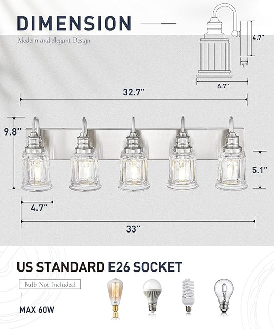 Bathroom Light Fixtures, HWH 5-Light Vanity Light, Modern Brushed Nickel Wall Lighting Over Mirror, Bell-Shaped Striped Glass, 5HZG106B-5W BN