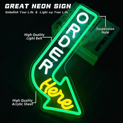 Order Here Neon Sign Pick up Here Signs for Wall Decor Green & Yellow Neon Light for Restaurants Cafes and Food Service Areas Attractive Point of Sale Lighting to Guide Customers(10.1 * 15.7inch)