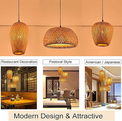 GWY Bamboo Pendant Lights, 3 Headlights E26 E27 Retro Rustic Yellow Bamboo Wicker Rattan Woven Chandelier Lamp Shade Light Fixture Ceiling Hanging Light for Bedroom Restaurant Cafe Farmhouse Teahouse