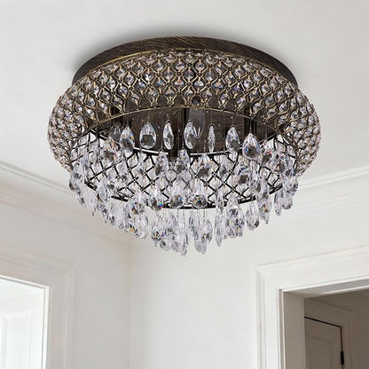 Maxax 19.5'' Crystal Bronze Chandelier, 5-Light Large Vintage Farmhouse Ceiling Light Fixture, Drum Raindrop Metal Shade, French Empire, for Living Room Bedroom Dining Room Kitchen Entryway