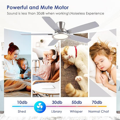 BYKISTOK 52" RGB Ceiling Fan with Light and Remote/App - Flush Mount Ceiling Fan Light with Reversible Mute Motor, RGB Ring, 5 Dual-Sided Blades, Low Profile Ceiling Fans for Indoor, Party