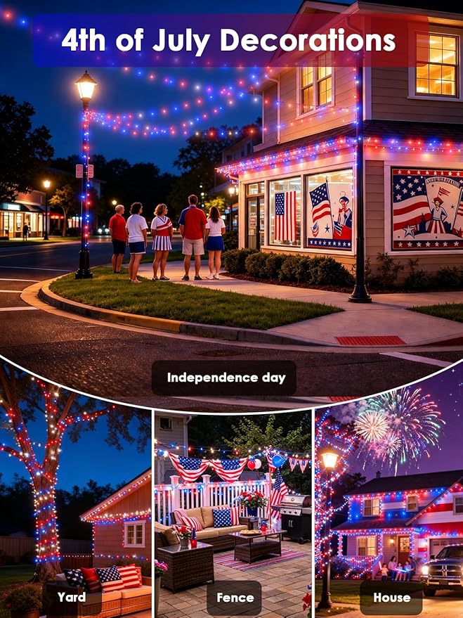 4th of July Decorations Outdoor, 4pk Red White and Blue Solar String Lights, 8 Modes 400LED 132FT Solar Fairy Twinkle Lights Waterproof for Independence Day Garden Tree 250 Anniversary USA Decoration