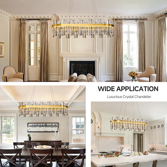 Gold Led Modern Crystal Chandelier: 39.3" Rectangle Linear 3 Color Dimmable Chandeliers for Dining Room Over Table-Luxury Rectangular Contemporary Oval Light Fixture for Living Room Bedroom Foyer