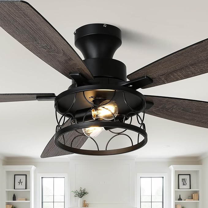 52'' Flush Mount Ceiling Fan with Light, Farmhouse Low Profile Ceiling Fan with Remote, 6-Speed Quiet Reversible DC Motor, 3 Clear Glass Lights, Timer Function, for Bedroom Living Room Kitchen
