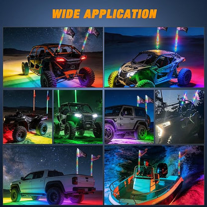 Nilight 2PCS 4FT RGB LED Whip Light with Spring Base and 8 PCS Rock Lights Combo, Remote App Control w/DIY Chasing Patterns Turn Signal Brake Reverse Antenna Lighted Whips for ATV UTV Polaris RZR Jeep