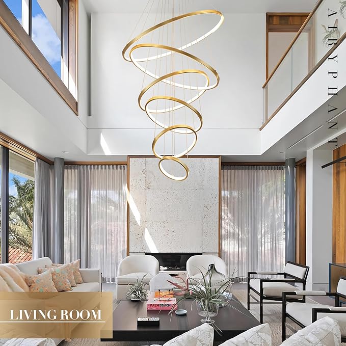 Modern 31" Big LED Chandeliers for High Ceiling 6 Rings Gold Chandeliers with Remote Control Dimmable Large Contemporary Ceiling Pendant Light for Foyer Living Room 3000K-6000K Selectable