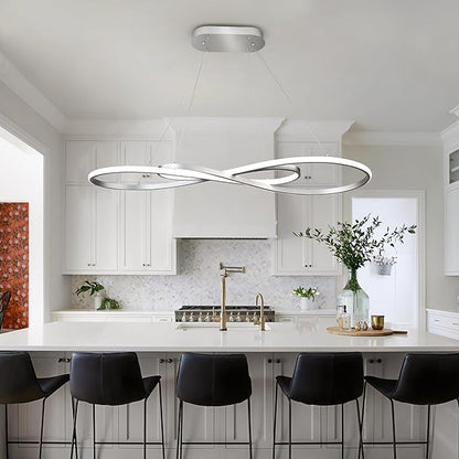 Modern Led Pendant Light, Dimmable Silver LED Chandelier for Dining Room Light Fixture Over Table Modern Kitchen Island Lighting, Height Adjustable Ceiling Light