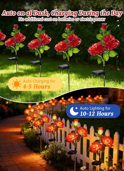 Brightown Outdoor Solar Flower Lights, 4 Pack Solar Garden Light with Larger & More Realistic Red Rose, Bigger Solar Panel, Waterproof Solar Lights Outdoor for Yard Garden Lawn Pathway Decoration