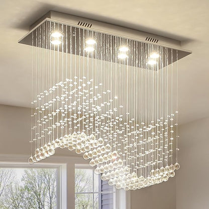 Siljoy 8-Light Modern Wave Raindrop Crystal Chandelier, Luxury Chrome Rectangular Flush Mount Crystal Pendant Ceiling Light for Dining Living Room Kitchen Island L31.5'' x W12'' x H28''