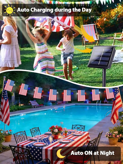 2 Pack 4th of July Decorations, Solar American Flag Lights Outdoor with 8 Modes, 37.6FT 50 USA Flags & 100 Red White and Blue LEDs Patriotic Lights Waterproof for Independence Day 250th Anniversary