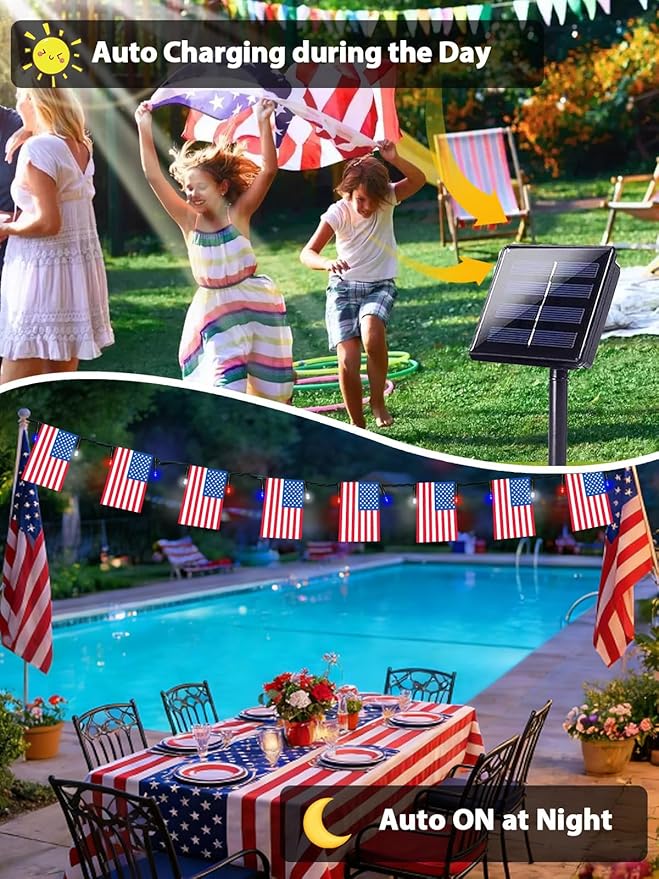 4th of July Decorations, Solar American Flag Lights Outdoor with 8 Modes, 18.8FT 25 USA Flags & 50 Red White and Blue LEDs Patriotic String Lights Waterproof for Independence Day 250th Anniversary