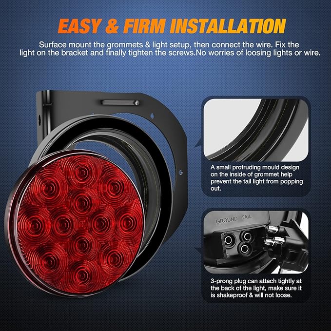 Nilight 4Inch Round Trailer Tail Light with flush Mount Grommets Plugs w/Mounting Brackets 2PCS Red Waterproof Stop Brake Turn Lights for RV Truck