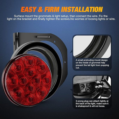Nilight 4Inch Round Trailer Tail Light with flush Mount Grommets Plugs w/Mounting Brackets 2PCS Red Waterproof Stop Brake Turn Lights for RV Truck