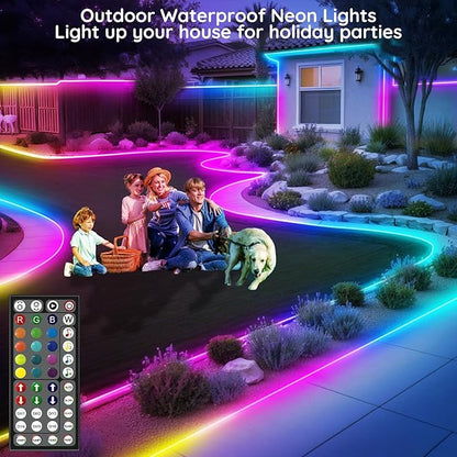 FBZ 200Ft Led Rope Lights, Flexible Neon Lights Control with App/Remote, Multiple Modes, IP65 Outdoor RGB Waterproof, Music Sync Gaming Light Strip for Bedroom Decor (32.8FT)