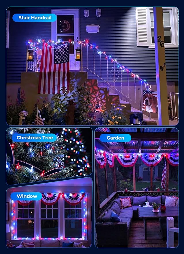 Minetom Red White Blue LED Christmas String Lights, 100 Count 20 Feet 4th July Decoration, Independence Day Decoration, Patriotic Mini Lights Waterproof for Indoor Outdoor Xmas Holiday Party Patio