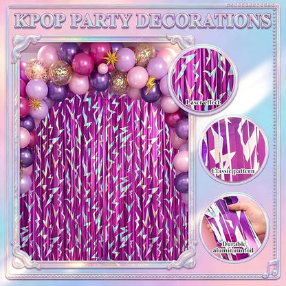 Tudomro 2 Pack Kpop Birthday Party Decoration Pink Purple Lightning Streamers Backdrop Blue with Purple Lightning Print Foil Fringe Tinsel Curtains for Photo Prop Themed Party Supplies