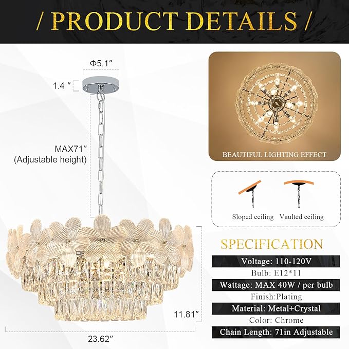 Chrome Modern Flower Crystal Chandelier 11 Lights 6-Tier Luxury Chandelier Light Fixture 24" for Living Dining Room Kitchen Entryway Bedroom Foyer, E12