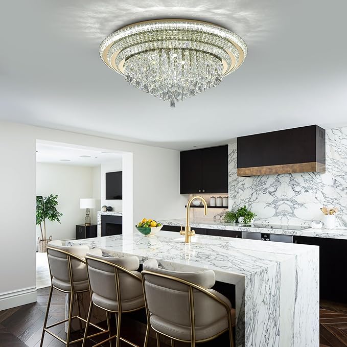 40 inch Crystal Gold Ceiling-Light Flush Mount With Remote Control and APP, 3CCT Dimmable & Brightness Adjustable, Modern Crystal Raindrop Chandeliers for Bedroom Hallway Dinning Room Living Room