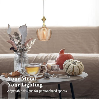 Modern Glass Pendant Light, 9.5"x16.5" Amber Sunset-Striped Light Fixture with Gold Cap, 15"-72" Adjustable Line, E26 Socket for Kitchen Island or Hallway – Sunset Gold Tulip