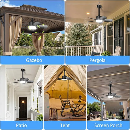 Small Ceiling Fan with Light & Remote, 20" 30W 2000 Lumens 3 Colors 3000K-6500K 6-Speed Outdoor Fans for Patios,Gazebos and Canopy, Portable Plug in Ceiling Fan Light for Garages, Camping, RV, Tents.