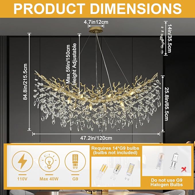 Chandeliers for Dining Room Over Table, 47" Modern Crystal Gold Tree Branche Chandelier, Large Chandelier Crystals for Living Room,High Ceiling,Foyer,Entryway,Kitchen Island,Staircase