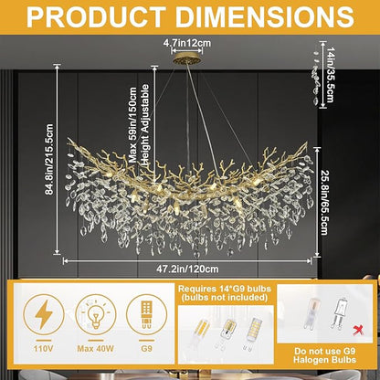 Chandeliers for Dining Room Over Table, 47" Modern Crystal Gold Tree Branche Chandelier, Large Chandelier Crystals for Living Room,High Ceiling,Foyer,Entryway,Kitchen Island,Staircase