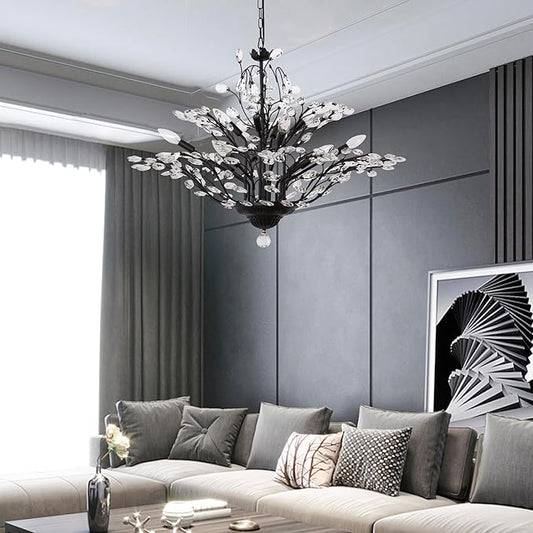 Maxax Vintage Crystal Branch Chandeliers, 12-Light Adjustable K9 Crystal Pendant Hanging Lighting Ceiling Light Fixtures Chandeliers for Dining Room, Living Room, Bedroom, Porch, 33in, Black